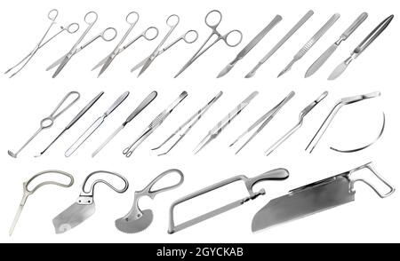 Surgical instruments set. Tweezers, scalpels, plaster and bone saws, brain, amputation and plaster knives, forceps and clamps, hook, needle. Large Stock Vector
