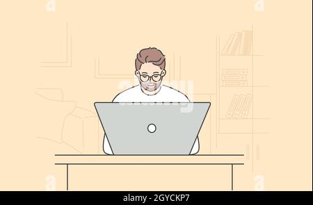 Modern technologies and working in office concept. Young positive bearded man cartoon character in glasses sitting and working on laptop at home or in Stock Photo