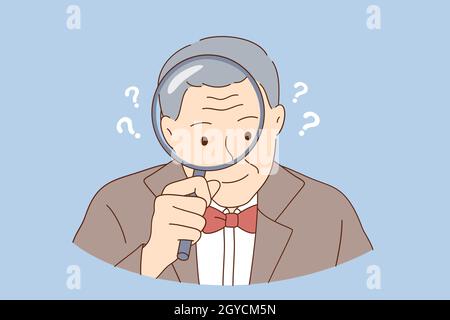 Funny senior people portraits concept. Old stylish grandfather cartoon character acting a investigator with magnifying lens in hand vector illustratio Stock Photo