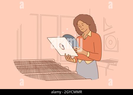 Vintage vinyl records music concept. Young smiling black woman cartoon character standing and holding vinyl record with favourite music in special sto Stock Photo