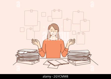 Harmony, peace, successful time management concept. Young business woman cartoon character sitting meditating and feeling confident about making many Stock Photo