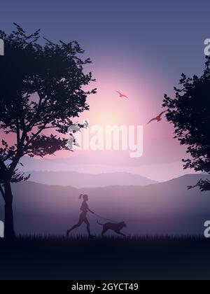 Silhouette of a female jogging in the countryside with her dog Stock Photo