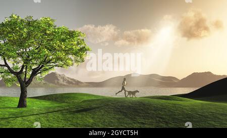 3D render of a female figure jogging in the countryside with her dog Stock Photo