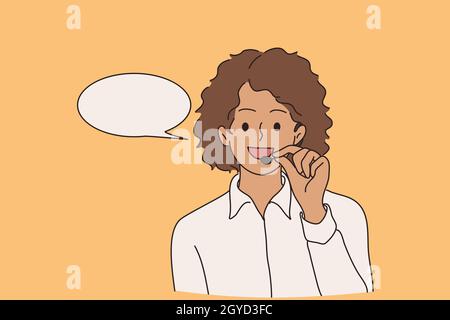 Customer service worker concept. Young smiling positive african american telemarketer woman cartoon character showing mobile phone equipment call gest Stock Photo