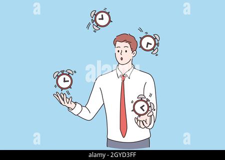 Successful time management concept. Young business man cartoon character successfully juggling managing his time feeling confident vector illustration Stock Photo