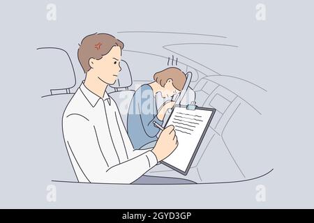 Failure in education concept. Adolescent girl cartoon character sitting feeling sad and stressed because of failing her driving test with man instruct Stock Photo