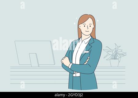 Working in hotel concept. Portrait of young smiling woman working as receptionist standing at desk in lobby of hotel looking at camera vector illustra Stock Photo