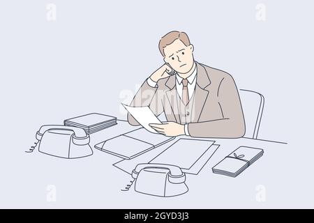 Debts, bankrupt, money loss concept. Young frustrated businessmen cartoon character sitting losing job and money bank clerk working during great depre Stock Photo