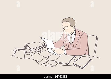 Debts, loss of job, bankrupt concept. Young frustrated businessmen cartoon character sitting reading negative news feeling down working during great d Stock Photo