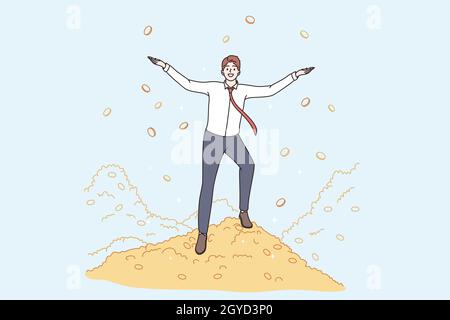 Wealth, good salary, success concept. Young happy smiling businessman running on heap of golden coins with hands raised balancing on money profit vect Stock Photo