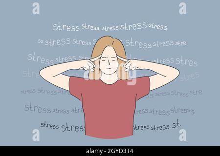 Stress, burnout, tiredness concept. Overworked exhausted young woman standing and touching temples with fingers feeing tired and burnt out vector illu Stock Photo