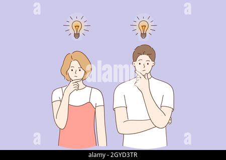 Innovation, new ideas, creativity concept. Creative man and woman standing thinking with light bulbs above meaning new opportunities, ideas, creative Stock Photo
