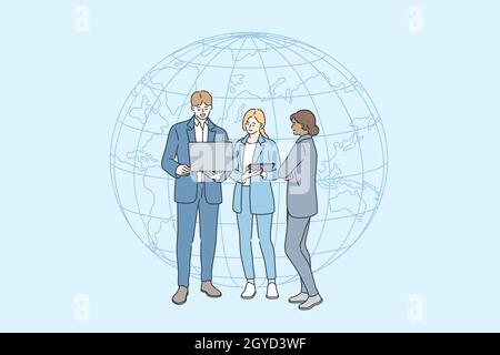 Business internet connection concept. Group of young smiling business people standing with laptop over planet hologram discussing projects together in Stock Photo