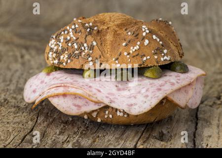 bavarian leberkase sausage in a bun Stock Photo