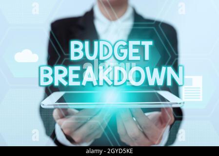 Text caption presenting Budget Breakdown, Business idea dividing the cost of something into the different parts Lady In Uniform Holding Touchpad Showi Stock Photo