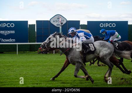 Ascot, Berkshire, UK. 1st October, 2021. Dark Shift ridden by jockey Daniel Tudhope (horse number 8) wins the Racing to School Classified Stakes. Owner Mr H Frost. Trainer Charles Hills, Lambourn. Breeder Niarchos Family. Sponsor Stonegate Homes. Credit: Maureen McLean/Alamy Stock Photo