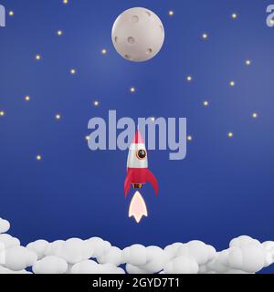 Rocket launch have smoke in the sky galaxy flying to moon over clouds, Concept of business product market startup with copy space on white background, Stock Photo