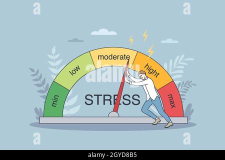 Emotional overload and burnout concept. Young businessman cartoon character trying to push stress level to reducing figures and feeling tired and exha Stock Photo