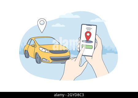 Car sharing and online application concept. Human hands holding smartphone with application of autonomous wireless parking remote connected car sharin Stock Photo