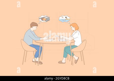 Reading news and newspapers concept. Young positive couple woman and man sitting at home and reading news about traveling and accidents together vecto Stock Photo