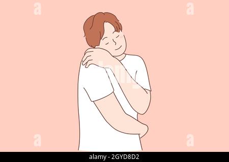 Self love and self care concept. Young smiling man cartoon character wearing casual clothes standing and hugging himself feeling happy and positive ov Stock Photo