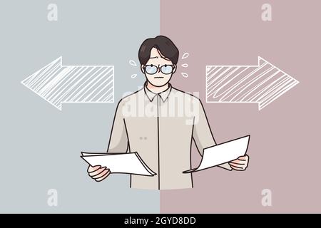 Choice, business decision, different ways concept. Frustrated businessman in glasses holding documents in hands trying to choose right or left directi Stock Photo