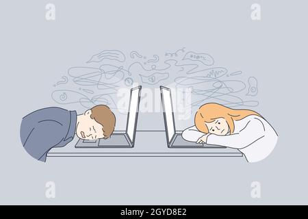 Stress, tiredness, burnout concept. Overworked exhausted office workers lying on laptops feeling tired and burnt out in office at work vector illustra Stock Photo