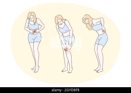 Suffering from pain in muscles, joints, injury, ache, disease concept. Young unhappy woman cartoon character feeling strong pain in stomach, knee and Stock Photo