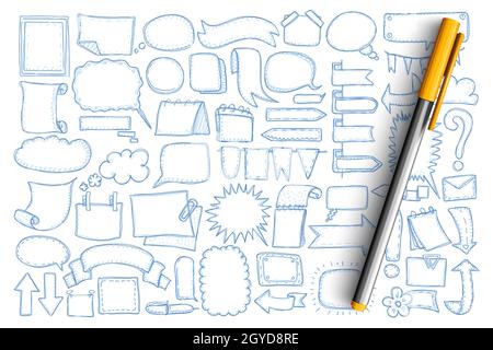 Arrows and chat baubles doodle set. Collection of hand drawn different directions arrows, indicators, flags, chat message communication bubbles and bl Stock Photo