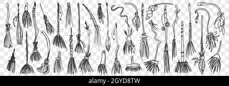 Brooms doodle set. Collection of funny hand drawn various brooms for homework and cleaning isolated on transparent background. Illustration of househo Stock Photo