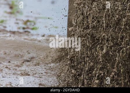 Close-up tractor cultivates and cuts furrows in the field. Tractor work in the black soil field in the village Stock Photo