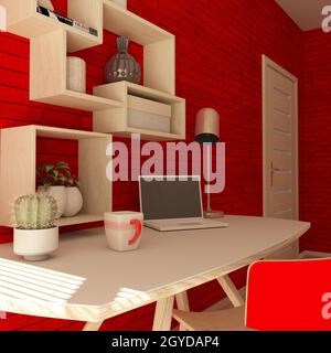 Render of a 3D modern home office Stock Photo