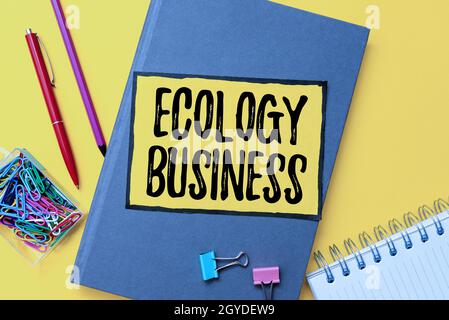 Writing displaying text Ecology Business, Word Written on global ecology and environment protection business Flashy School And Office Supplies Bright Stock Photo