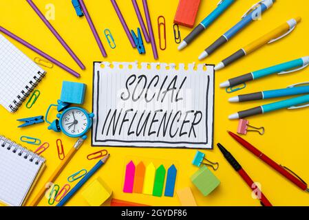 Handwriting text Social Influencer, Word Written on persuade others by virtue of their authenticity and reach Flashy School And Office Supplies Bright Stock Photo