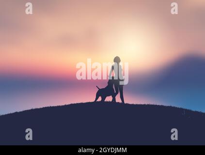 Silhouette of a female and her dog against a sunset landscape Stock Photo