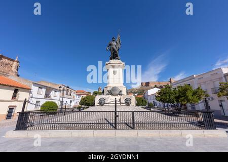 Statue of the conquer Hernan Cortes in the main square in Medellin town, Badajoz province, Spain. Stock Photo