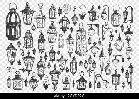 Street lamps doodle set. Collection of urban flashlights lighting tools decorative design elements with electric light bulbs isolated on transparent b Stock Photo