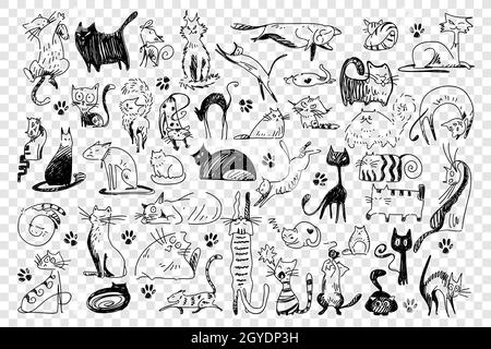 Set of cute cartoon kitties or cats with different colored fur and ...