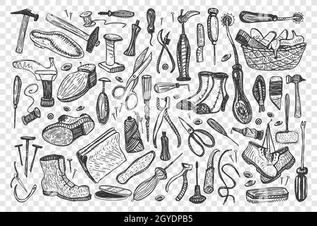 Shoemaking doodle set. Collection of male female boots repair tailoring atelier instruments isolated on transparent background. Handcrafting fashionab Stock Photo