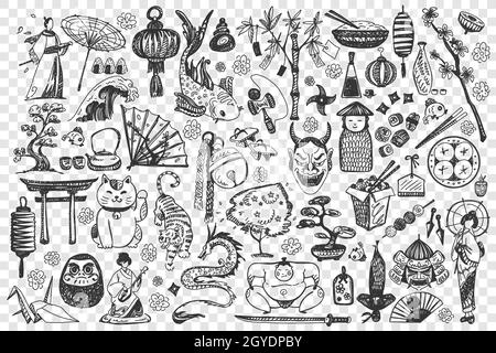 Hand drawn set of chinese food doodles with red lettering in vector ...