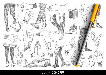 Legs and hands doodle set. Collection of hand drawn human hands expressing peace, ok and pointing at different directions and legs in footwear walking Stock Photo