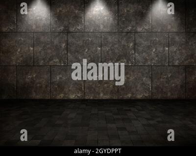 3D render of a grunge interior with tiled floor and metal walls and spotlights Stock Photo