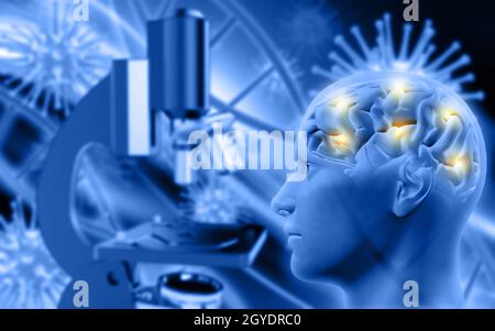 3D render of a male figure with brain on defocussed background with microscope and virus cells Stock Photo