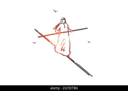 Business risk management concept sketch. Balance, equilibrium, risky situation metaphor, confident arab businessman walking on rope, muslim tightrope Stock Photo