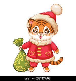 Happy tiger Chinese New year cartoon character in Christmas Santa  costume with bag gifts. Cute kitten in Xmas hat. China horoscope zodiac vector sign Stock Vector