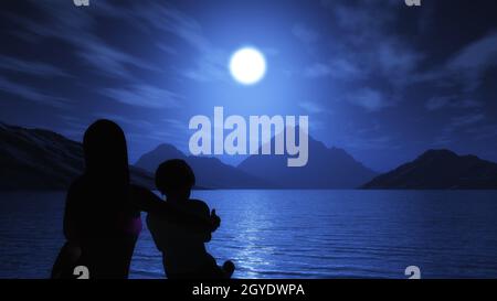 3D render of a mother and son looking out to the ocean at night Stock Photo