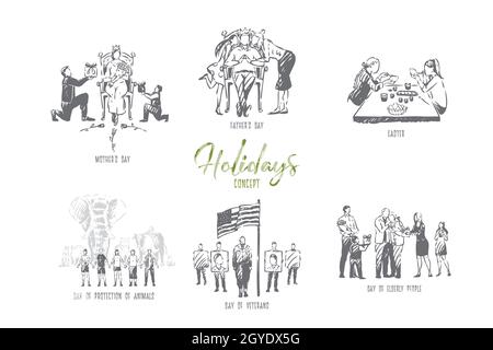 Holidays, easter, mother, father, animal protection, veterans and elderly people days concept sketch. Important annual events celebration, national an Stock Photo