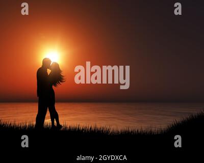 A silhouette of a loving couple kissing against a sunset sea background ...