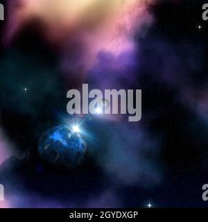3D render of a space background with sun rising behind fictional planets Stock Photo