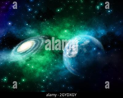 3D render of a space background with fictional planets and nebula Stock Photo